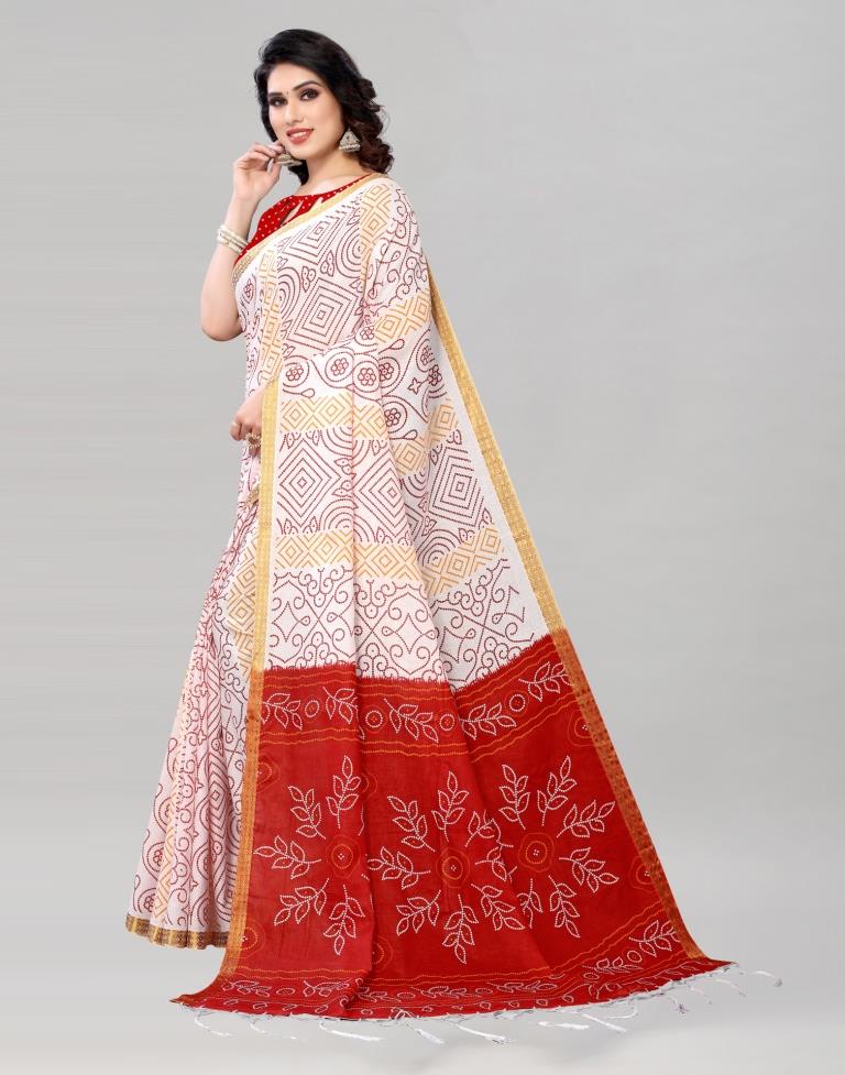 White Coloured Cotton Bandhani Printed Saree | Sudathi