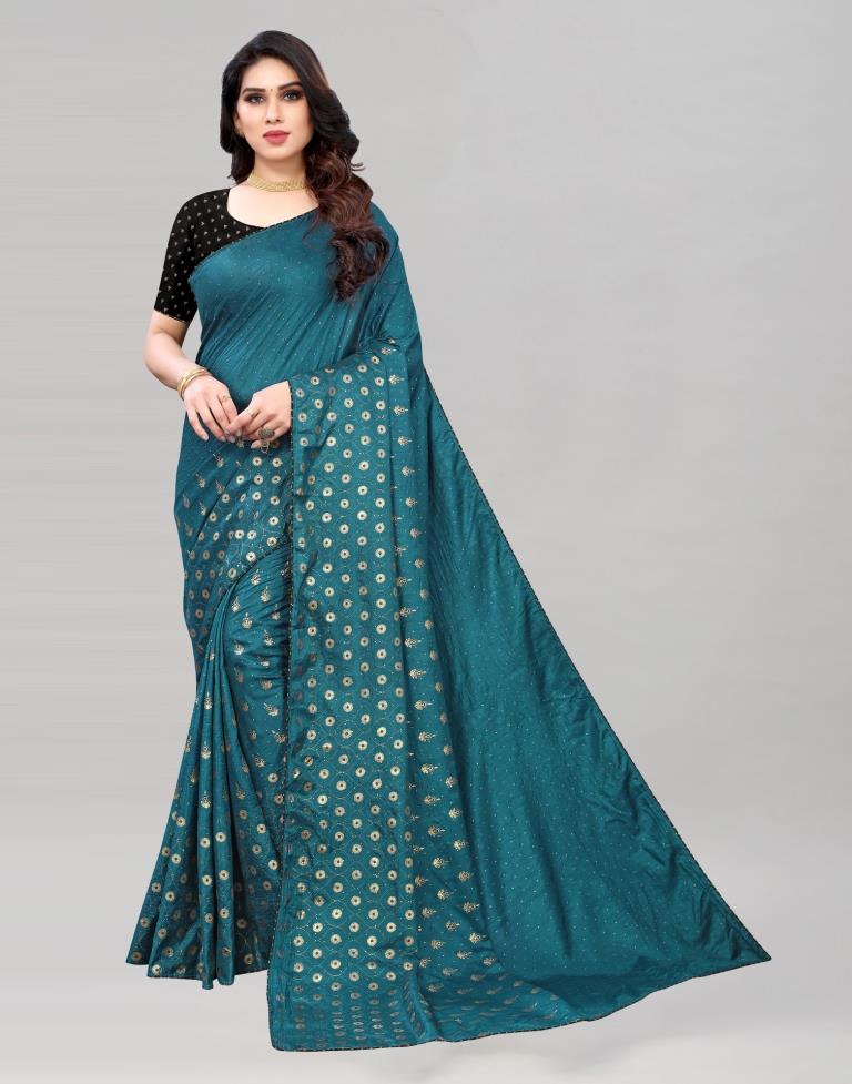 Teal Blue Coloured Poly Silk Foil Printed Saree | Sudathi