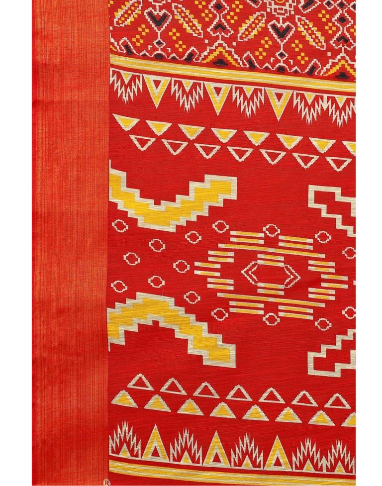 Red Coloured Poly Cotton Border Jari Patta Patola Printed Saree | Sudathi