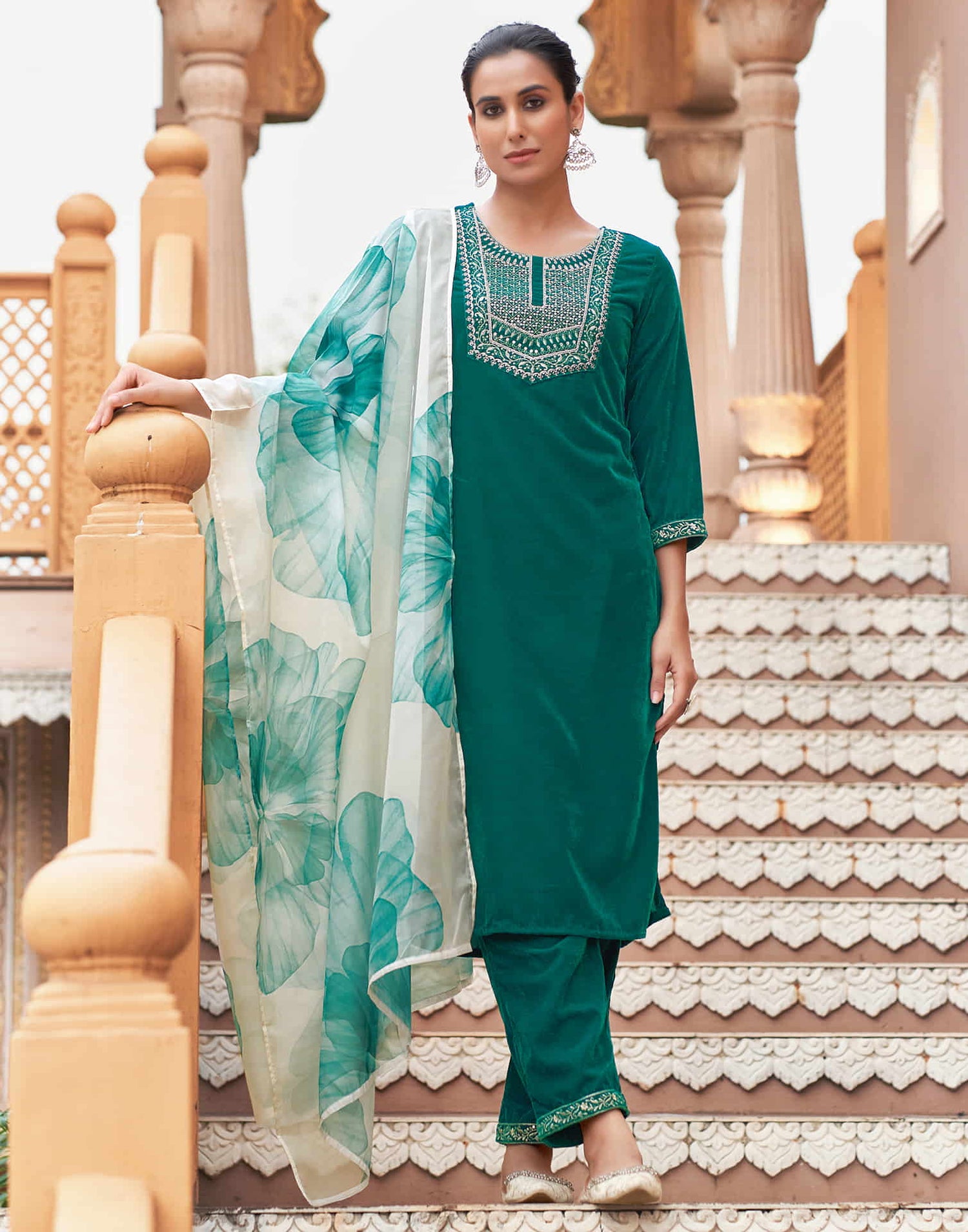 Teal Green Velvet Plain Straight Kurta Set With Dupatta