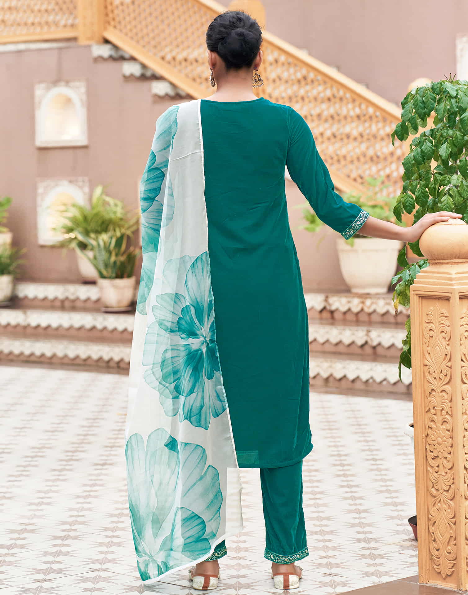 Teal Green Velvet Plain Straight Kurta Set With Dupatta