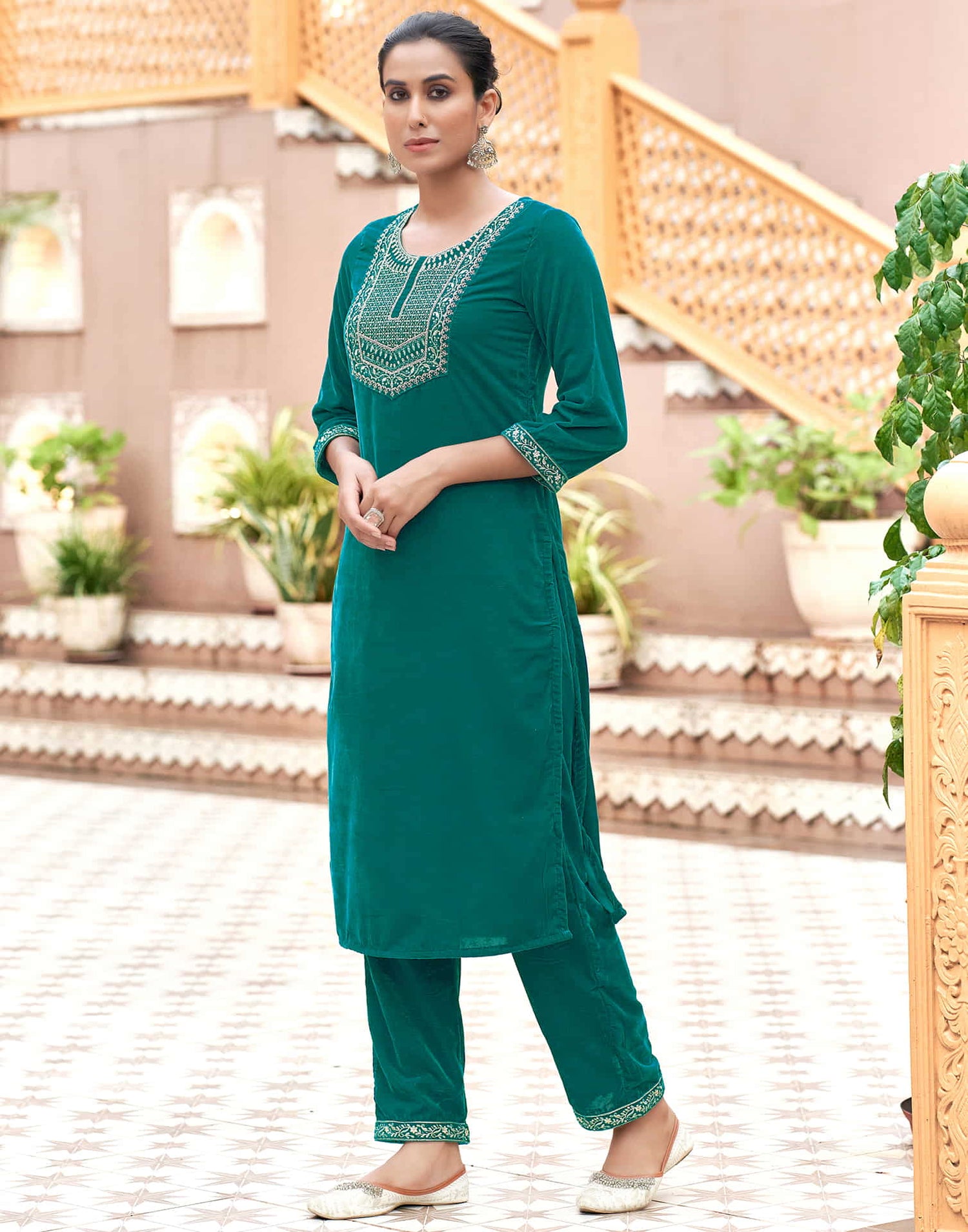 Teal Green Velvet Plain Straight Kurta Set With Dupatta