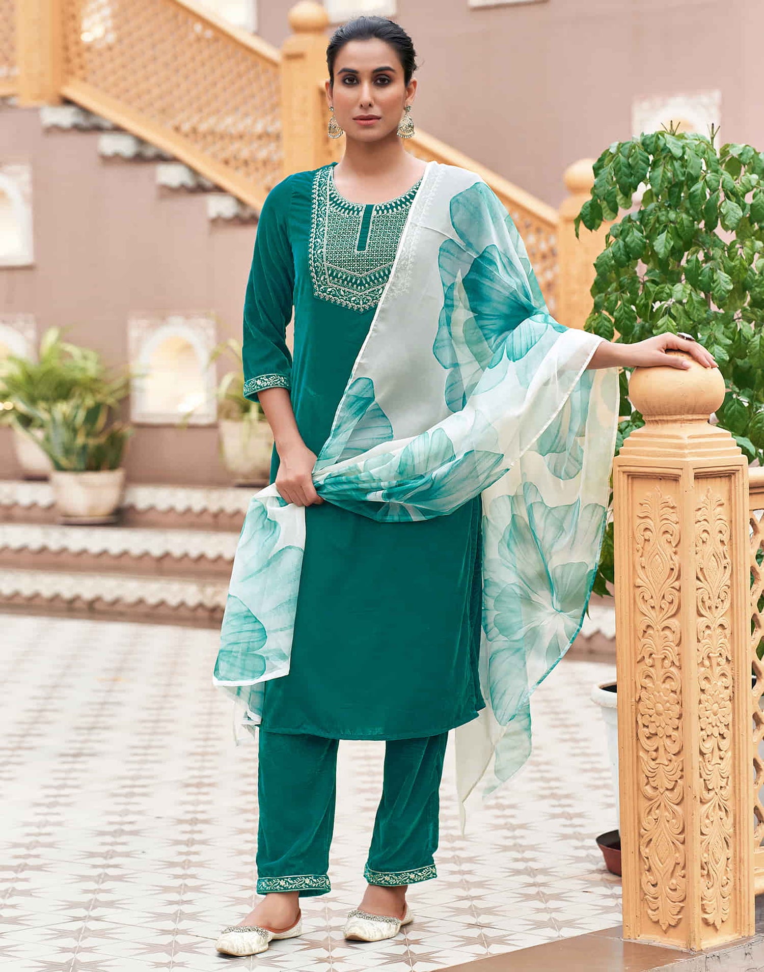 Teal Green Velvet Plain Straight Kurta Set With Dupatta