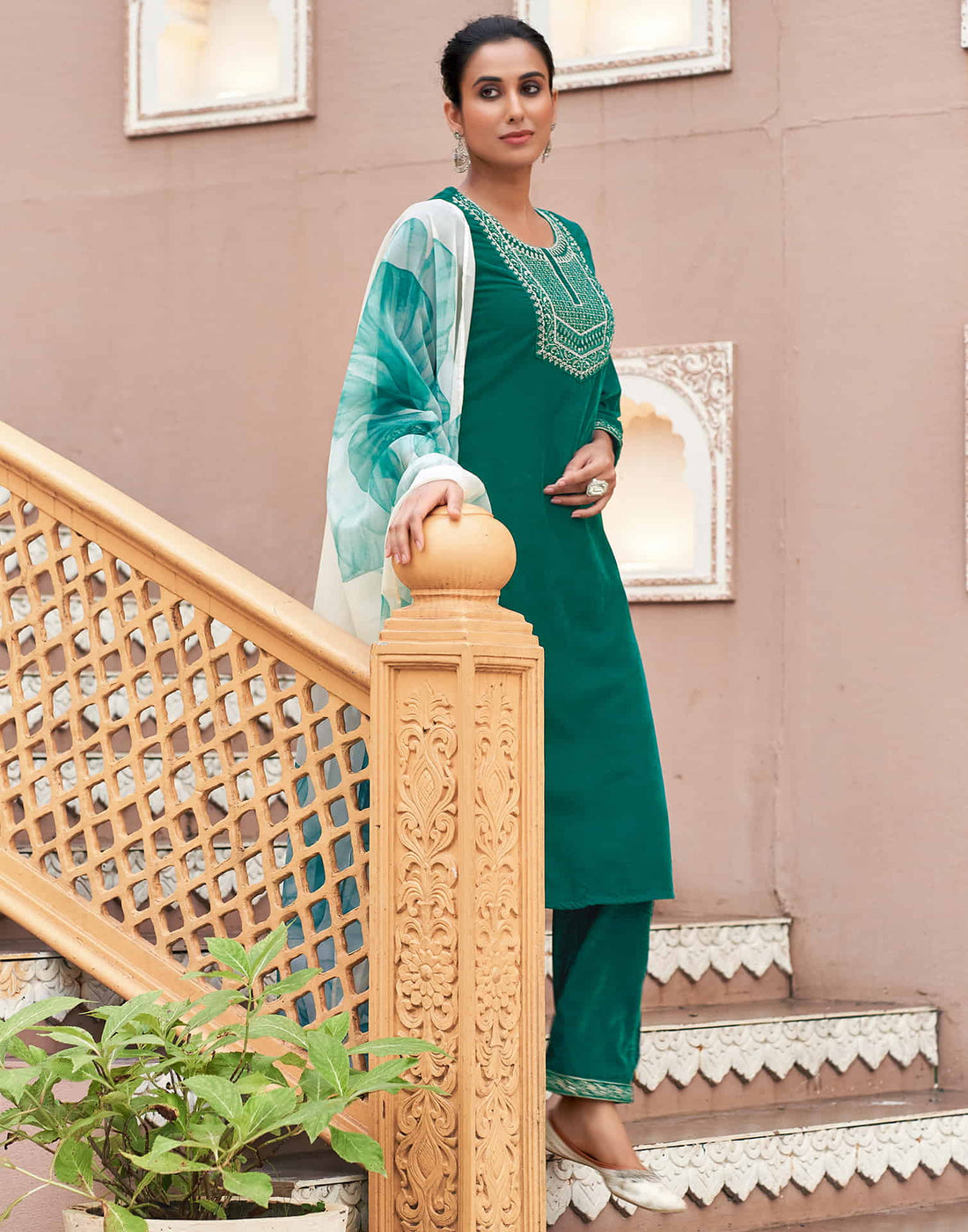 Teal Green Velvet Plain Straight Kurta Set With Dupatta