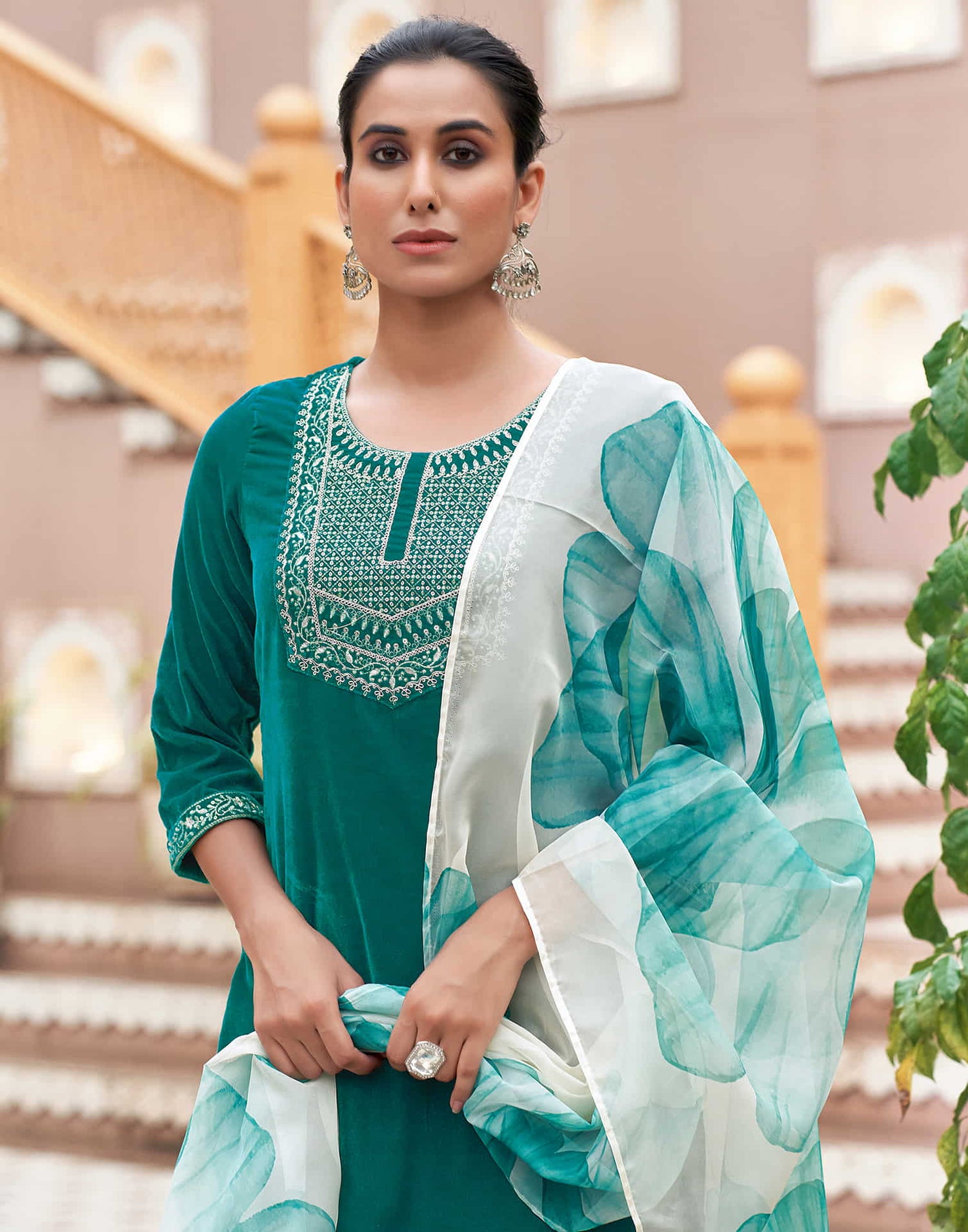 Teal Green Velvet Plain Straight Kurta Set With Dupatta