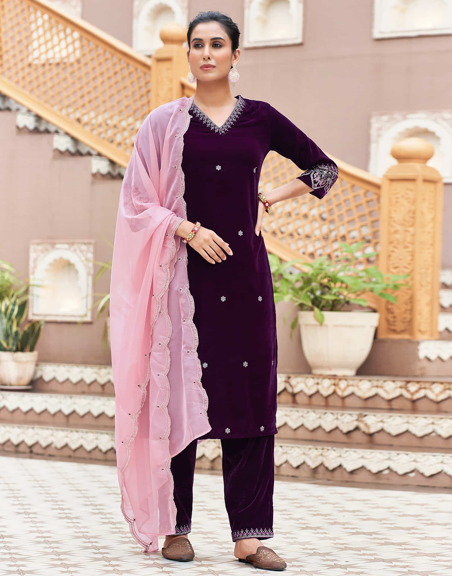 Wine Velvet Plain Straight Kurta Set With Dupatta