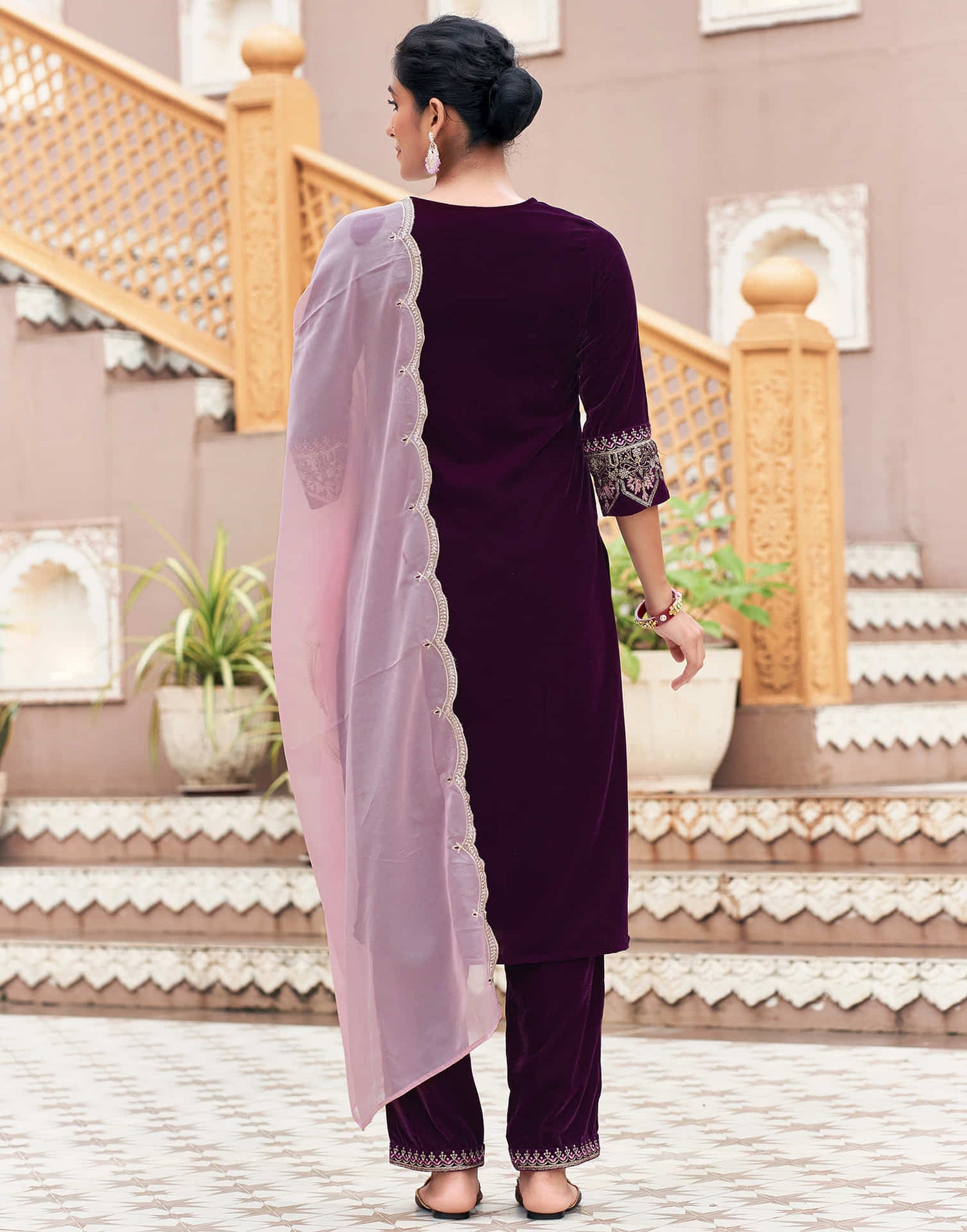 Wine Velvet Plain Straight Kurta Set With Dupatta