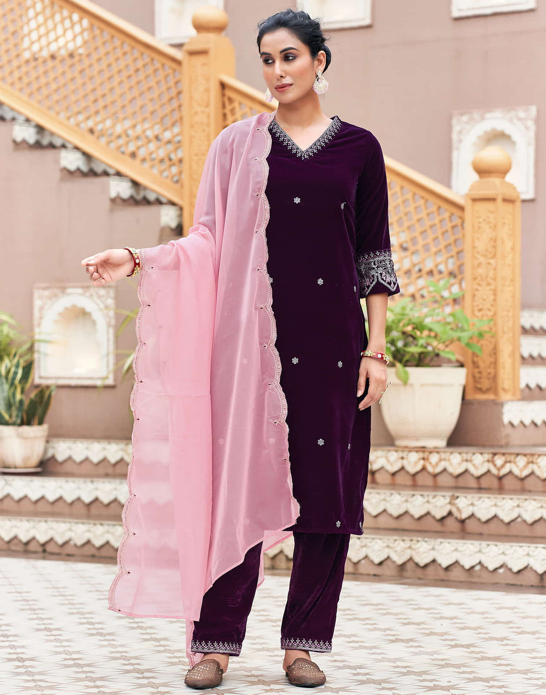 Wine Velvet Plain Straight Kurta Set With Dupatta