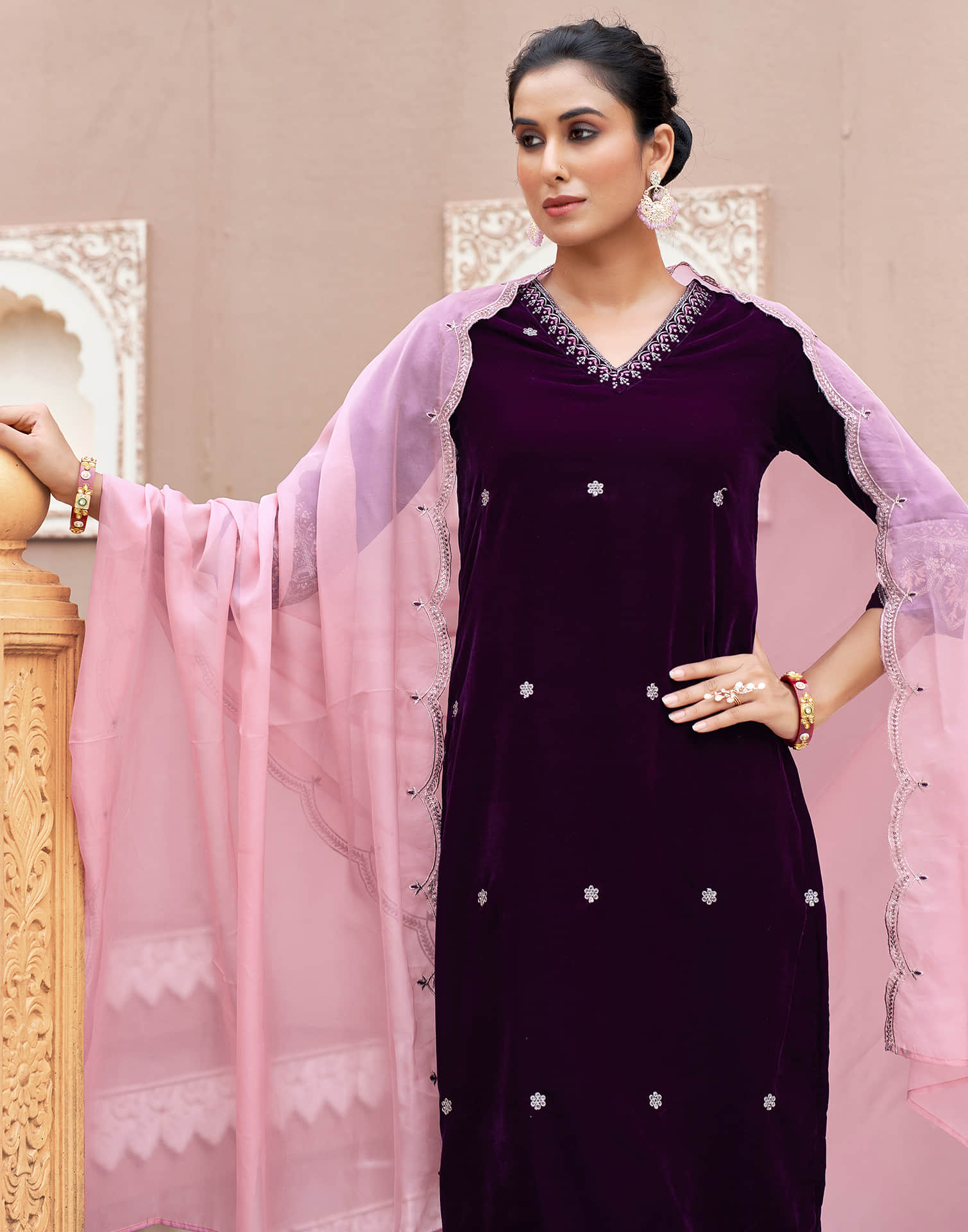 Wine Velvet Plain Straight Kurta Set With Dupatta