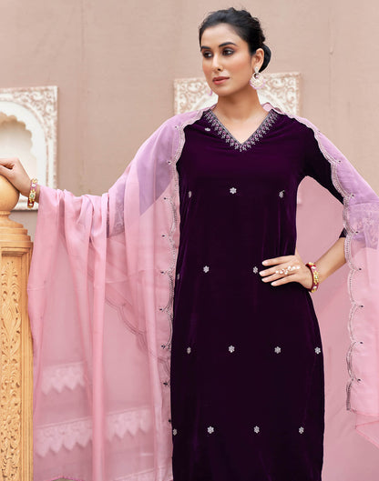 Wine Velvet Plain Straight Kurta Set With Dupatta