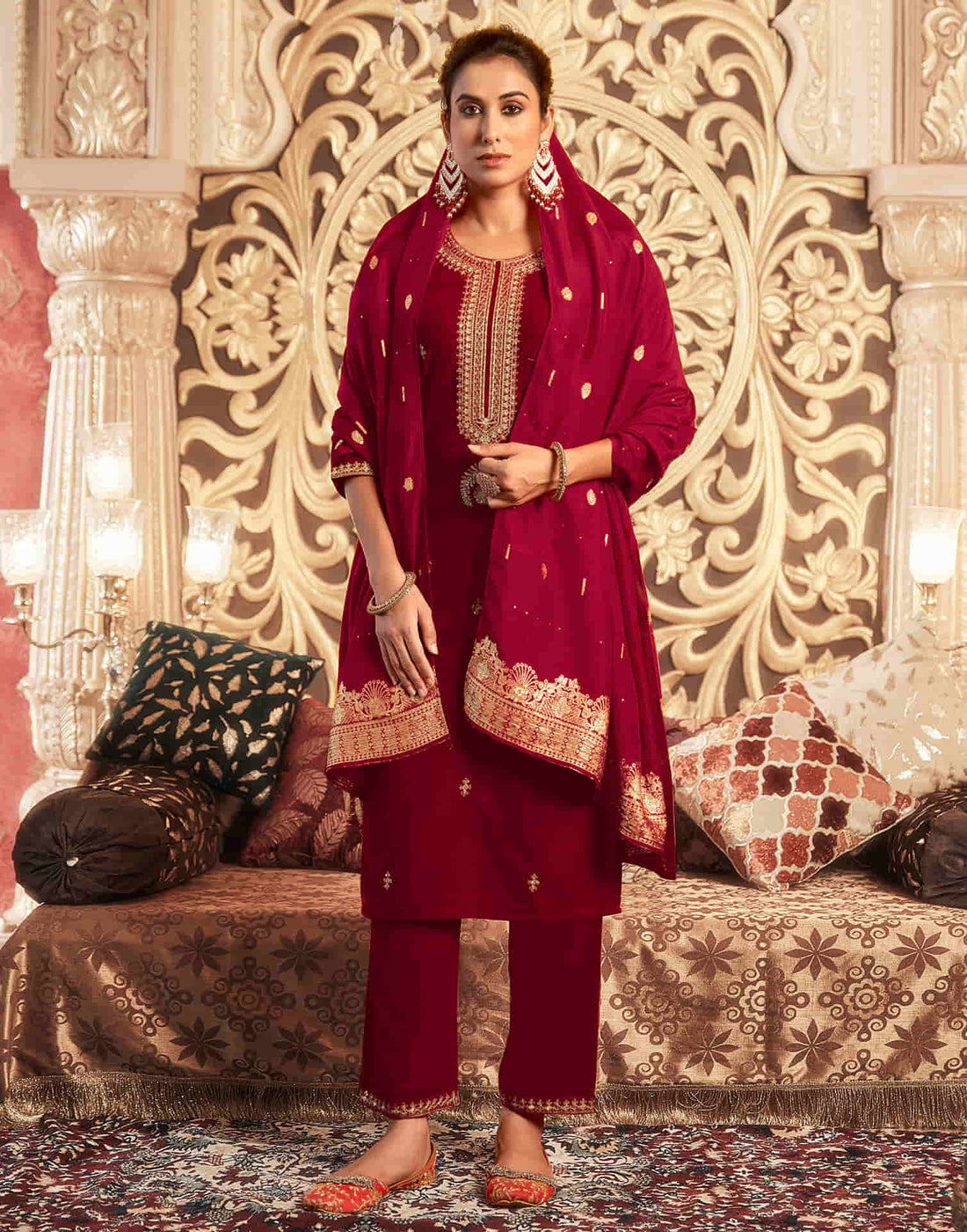 Red Velvet Sequence Straight Kurta Set With Dupatta