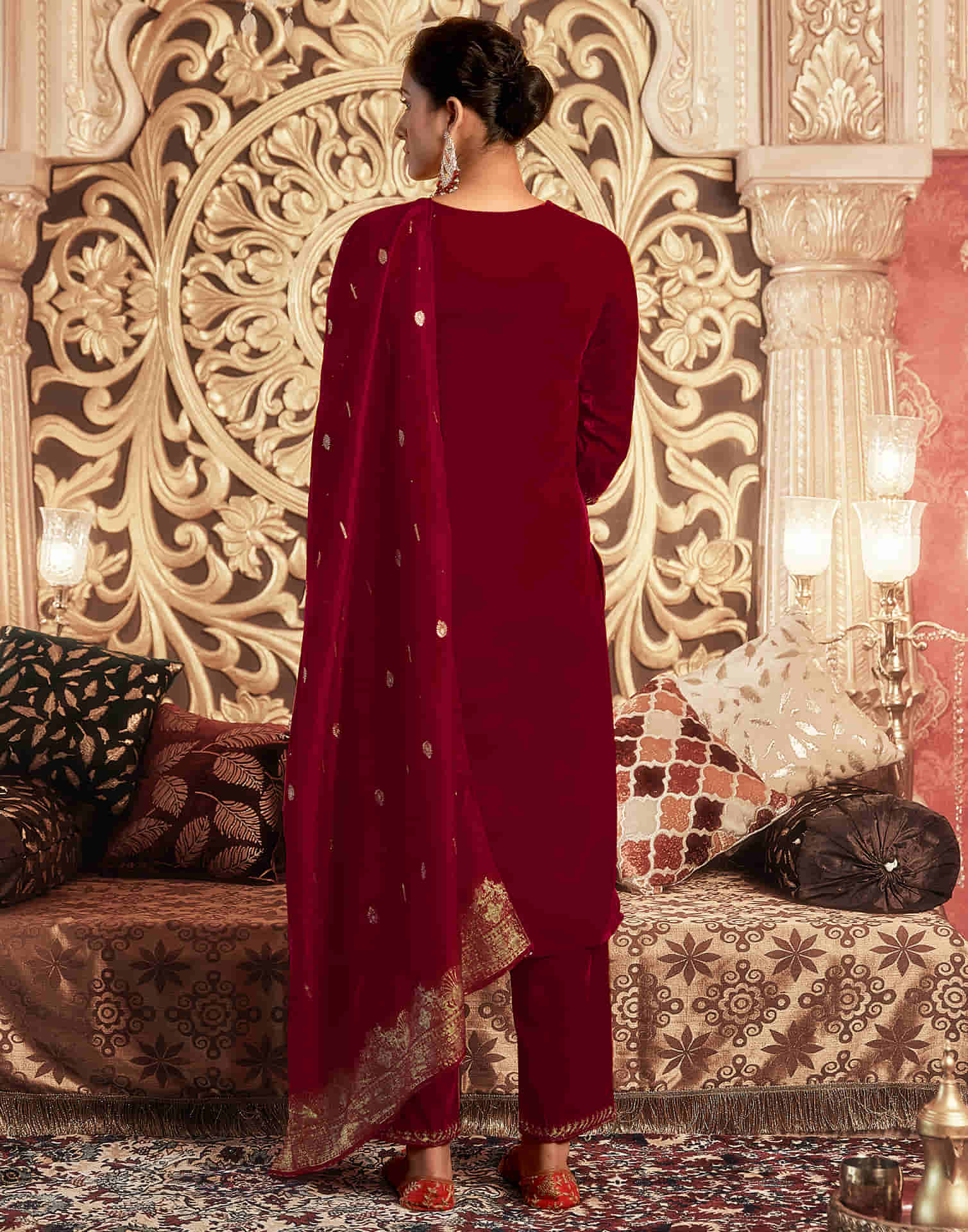 Red Velvet Sequence Straight Kurta Set With Dupatta