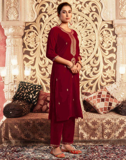 Red Velvet Sequence Straight Kurta Set With Dupatta