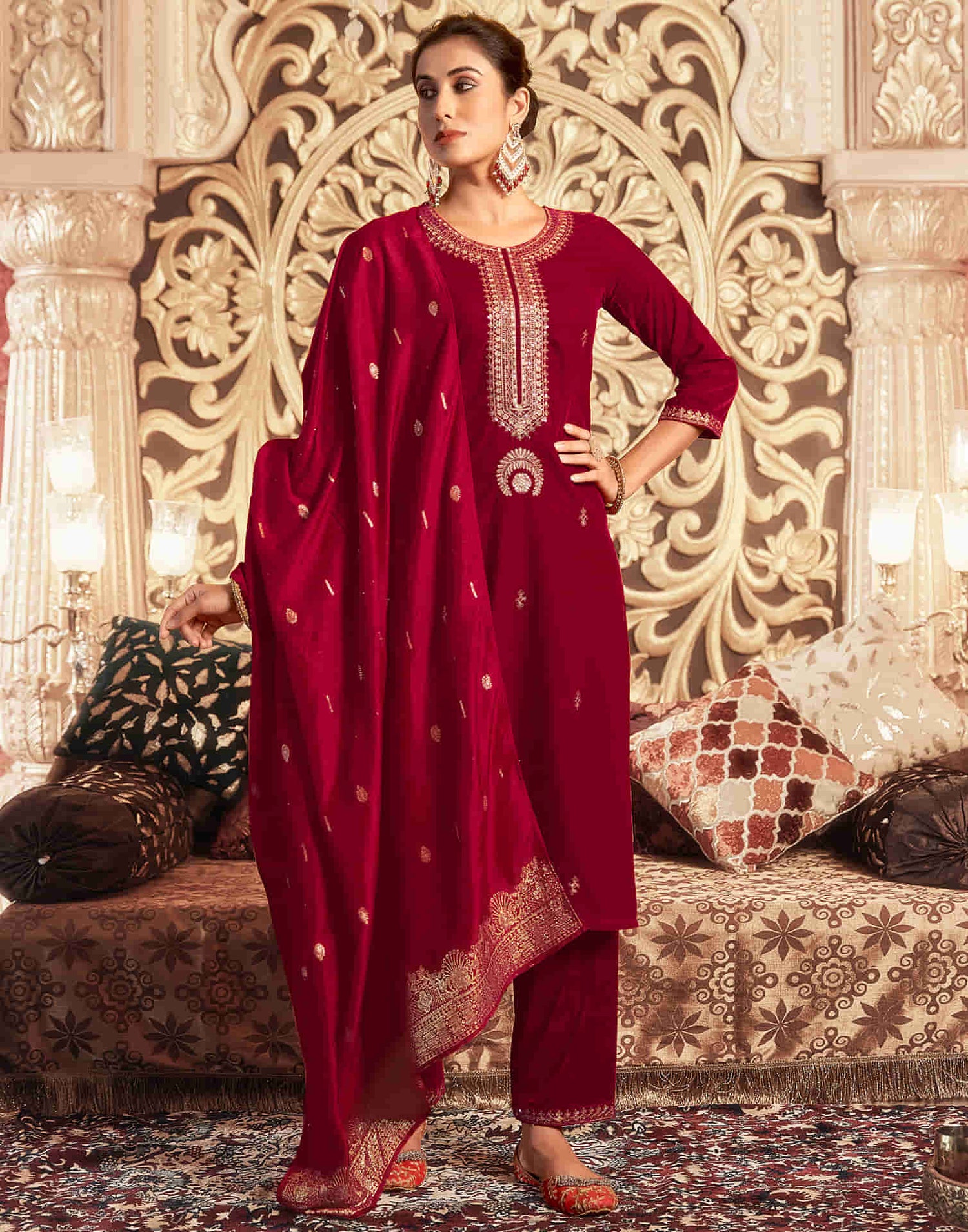 Red Velvet Sequence Straight Kurta Set With Dupatta