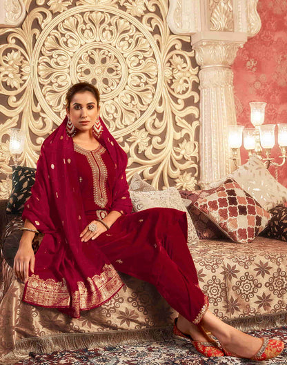 Red Velvet Sequence Straight Kurta Set With Dupatta