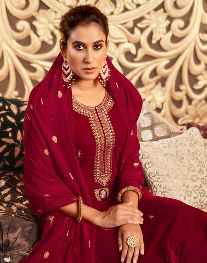 Red Velvet Sequence Straight Kurta Set With Dupatta