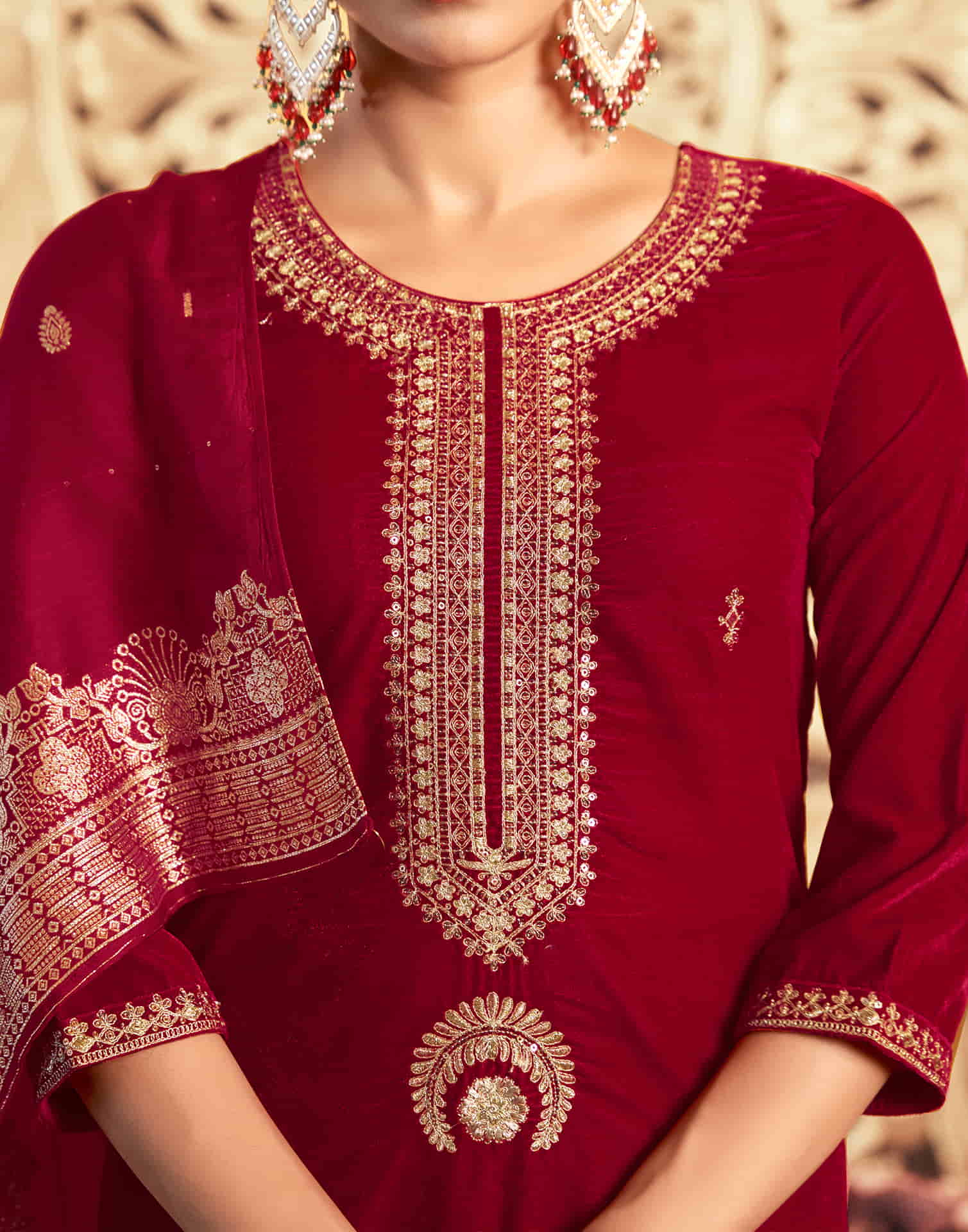 Red Velvet Sequence Straight Kurta Set With Dupatta