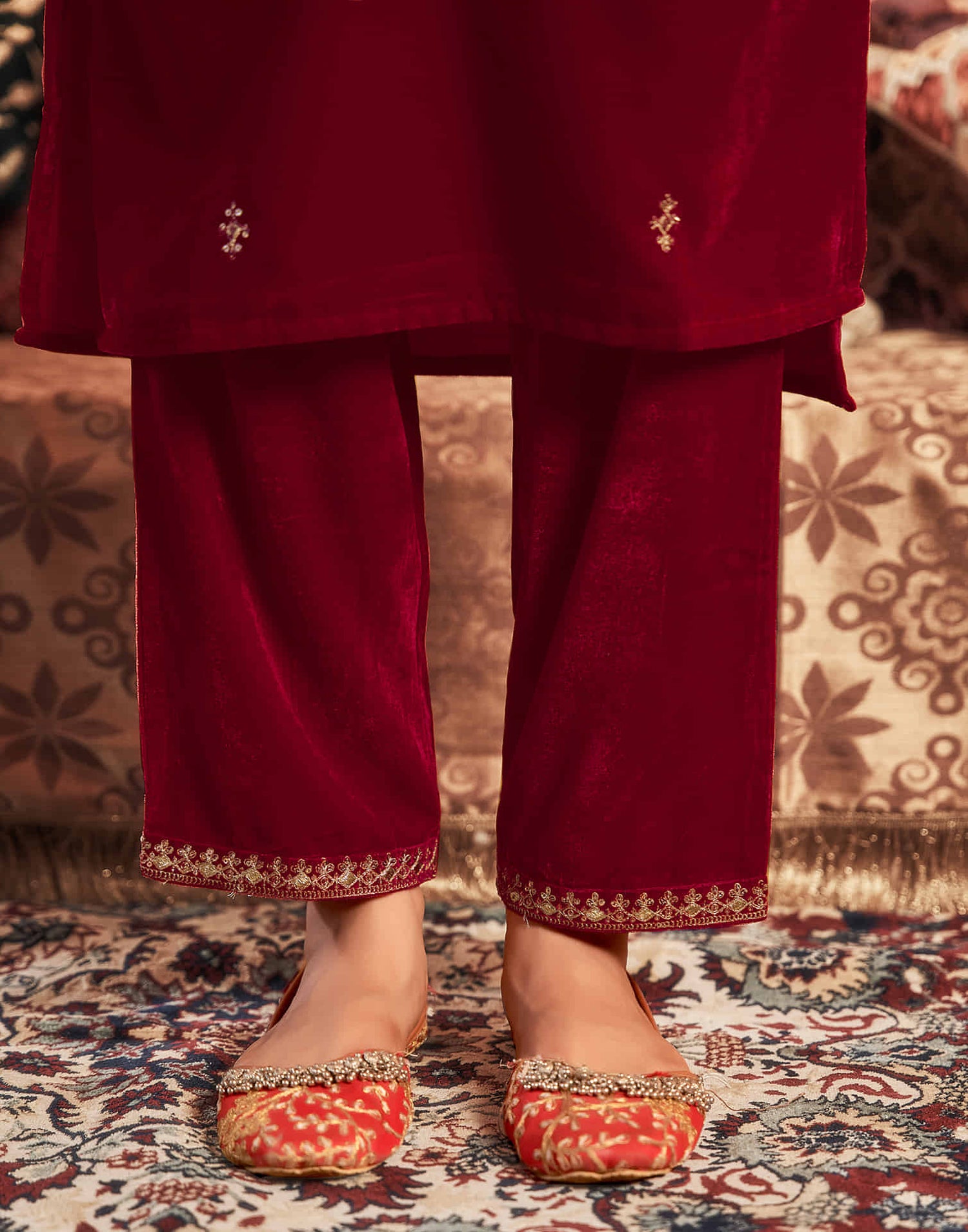 Red Velvet Sequence Straight Kurta Set With Dupatta