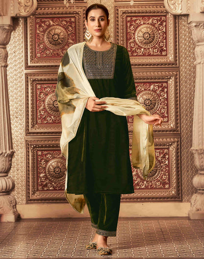 Mehandi Green Velvet Sequence Straight Kurta Set With Dupatta