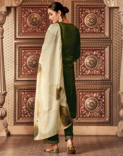 Mehandi Green Velvet Sequence Straight Kurta Set With Dupatta