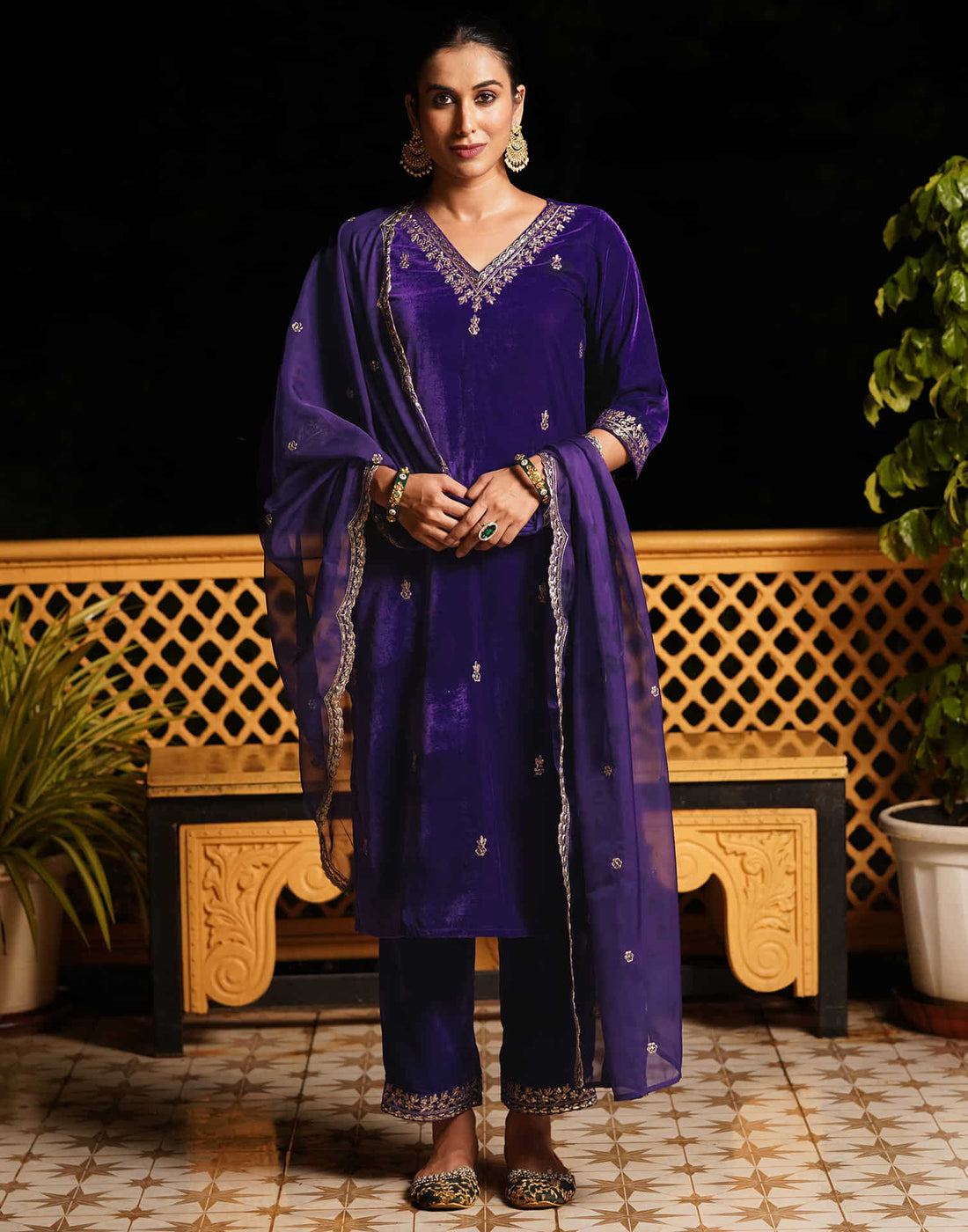 Violet Velvet Sequence Straight Kurta Set With Dupatta