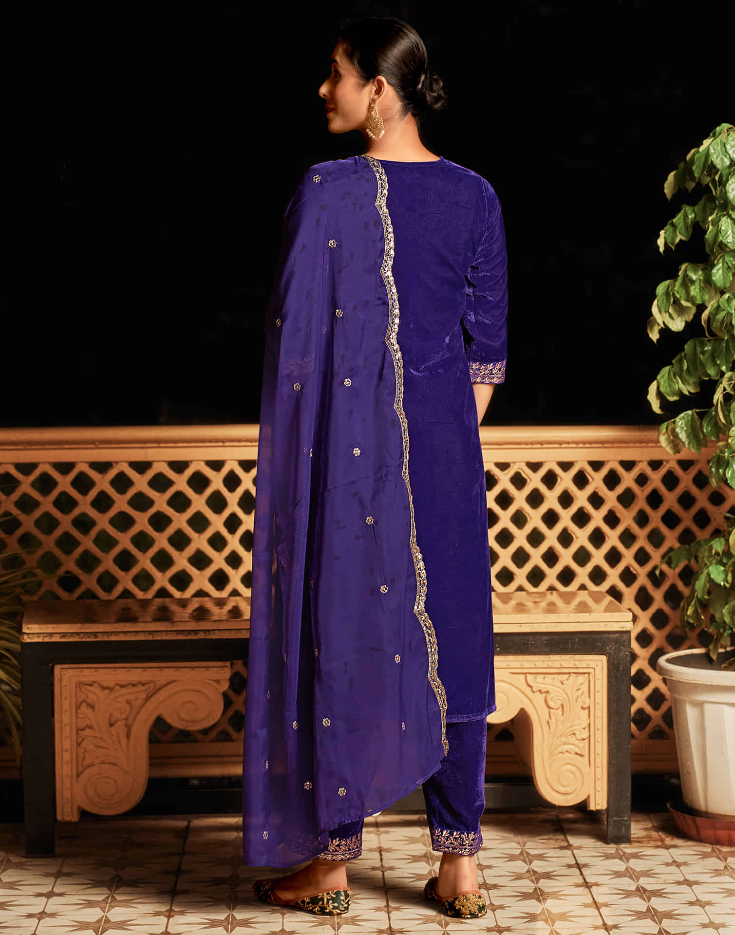 Violet Velvet Sequence Straight Kurta Set With Dupatta