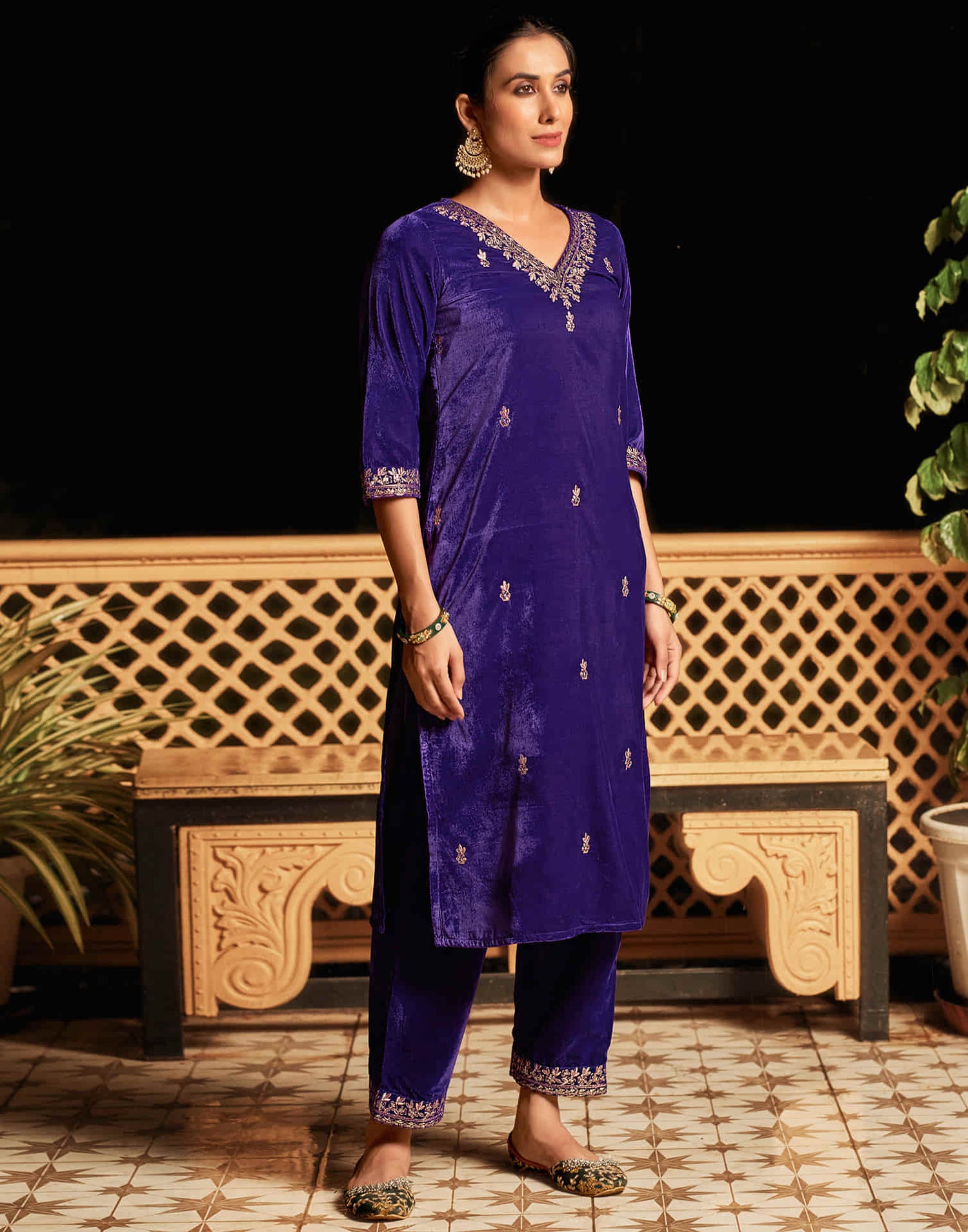 Violet Velvet Sequence Straight Kurta Set With Dupatta