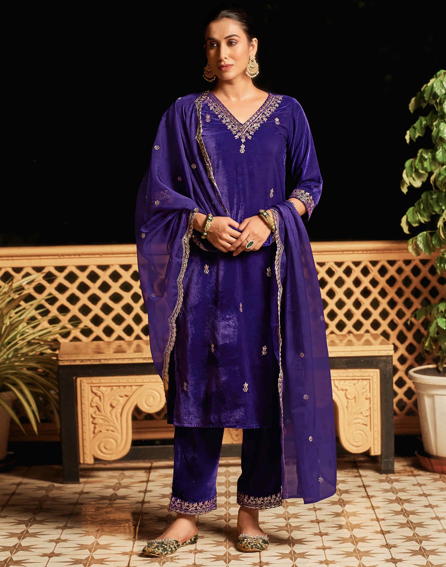 Violet Velvet Sequence Straight Kurta Set With Dupatta