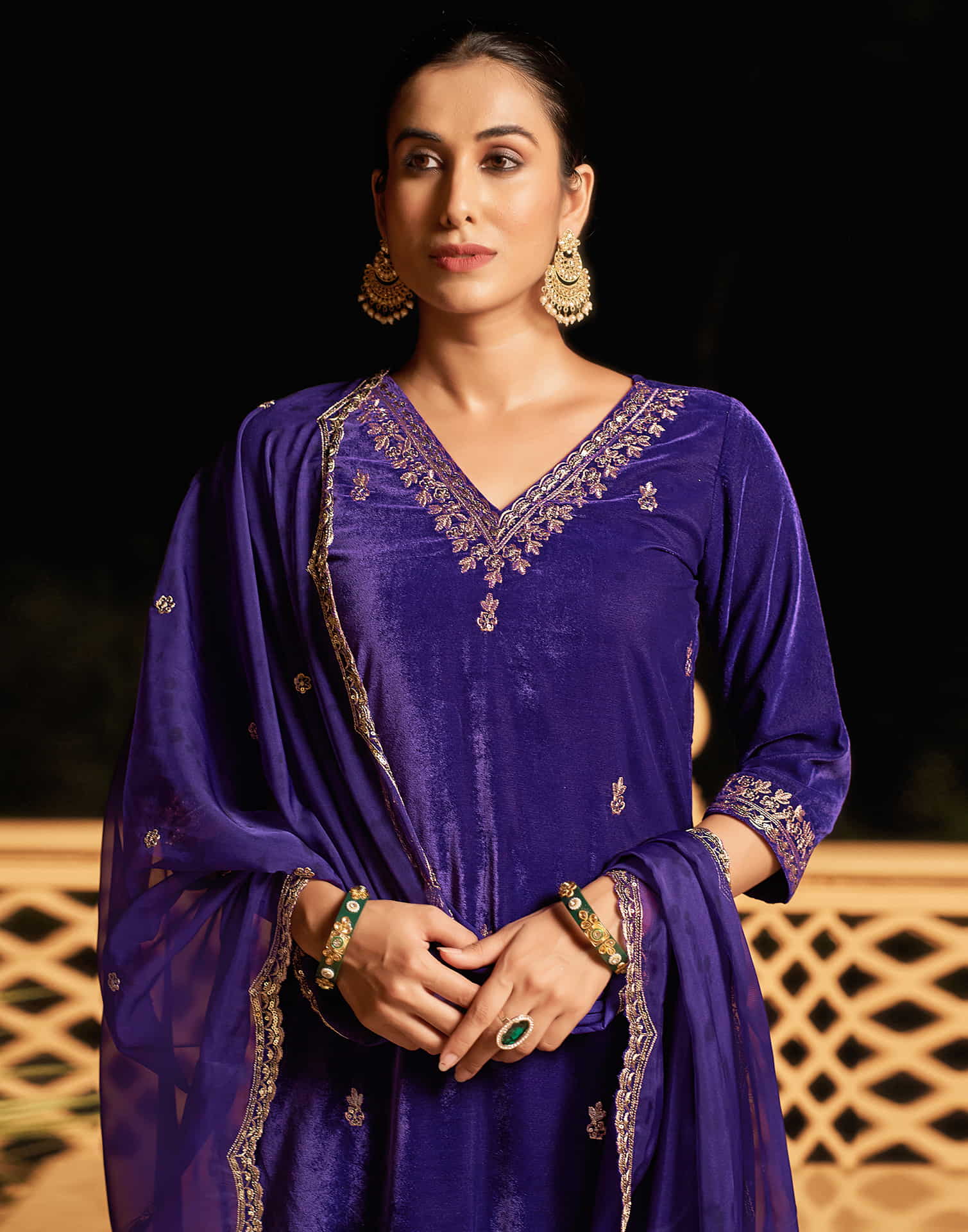 Violet Velvet Sequence Straight Kurta Set With Dupatta