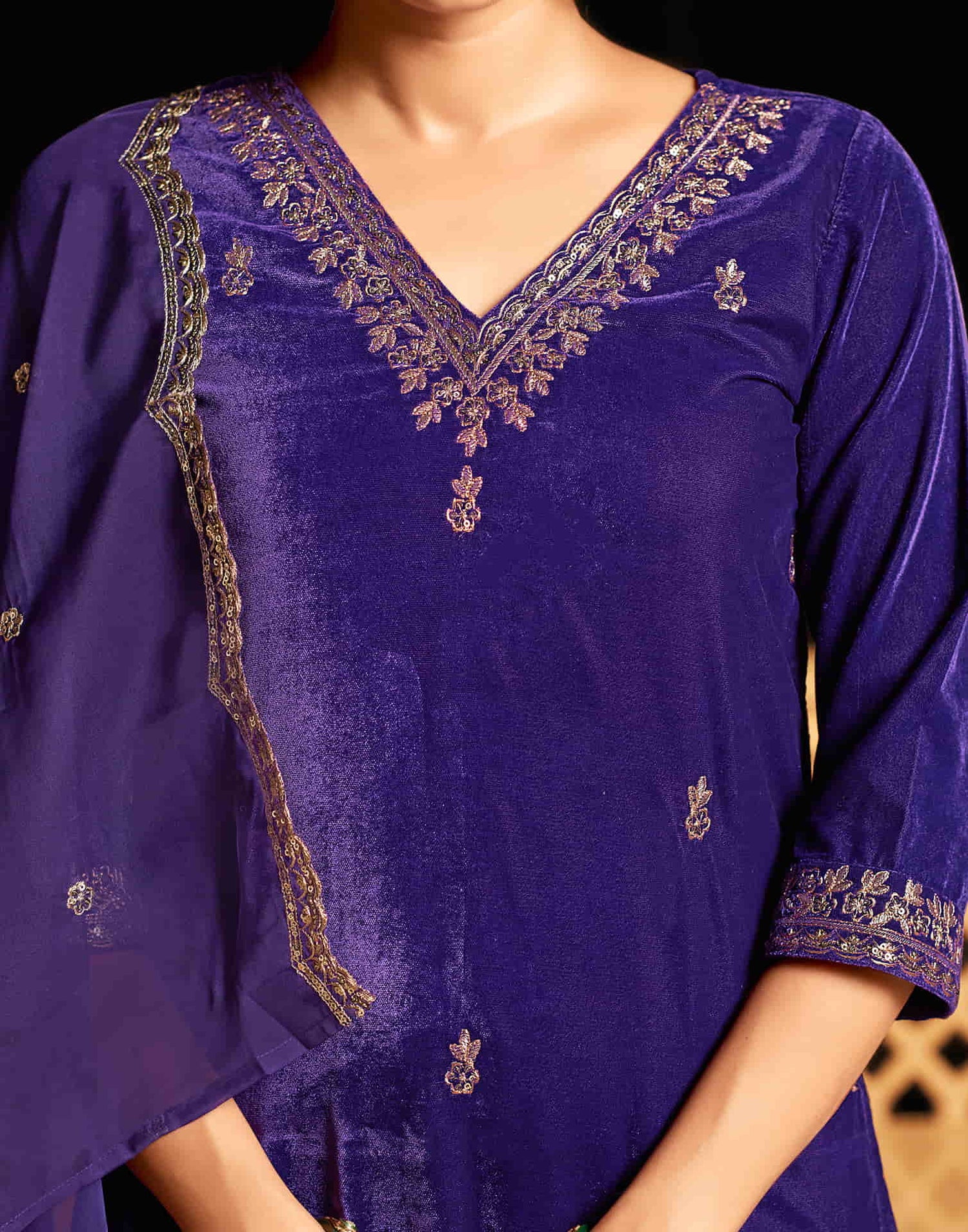 Violet Velvet Sequence Straight Kurta Set With Dupatta