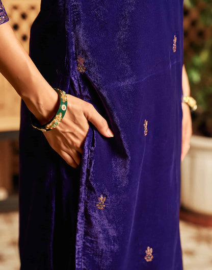 Violet Velvet Sequence Straight Kurta Set With Dupatta