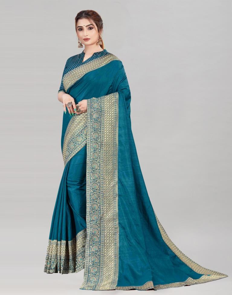 Teal Blue Coloured Poly Silk Jacquard Saree | Sudathi