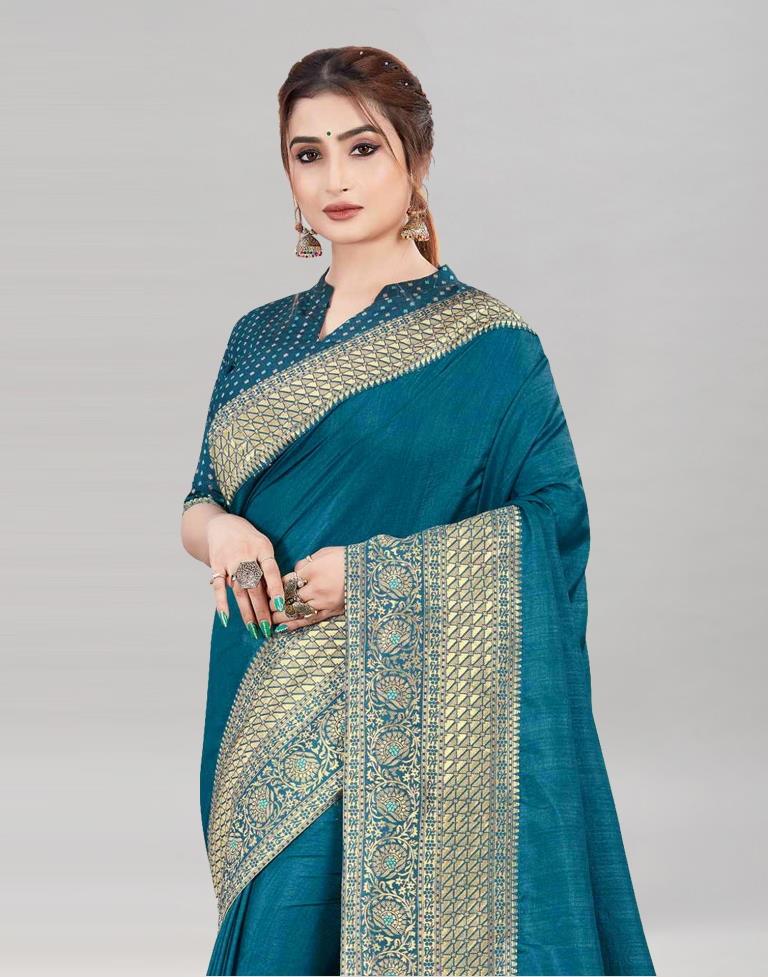 Teal Blue Coloured Poly Silk Jacquard Saree | Sudathi