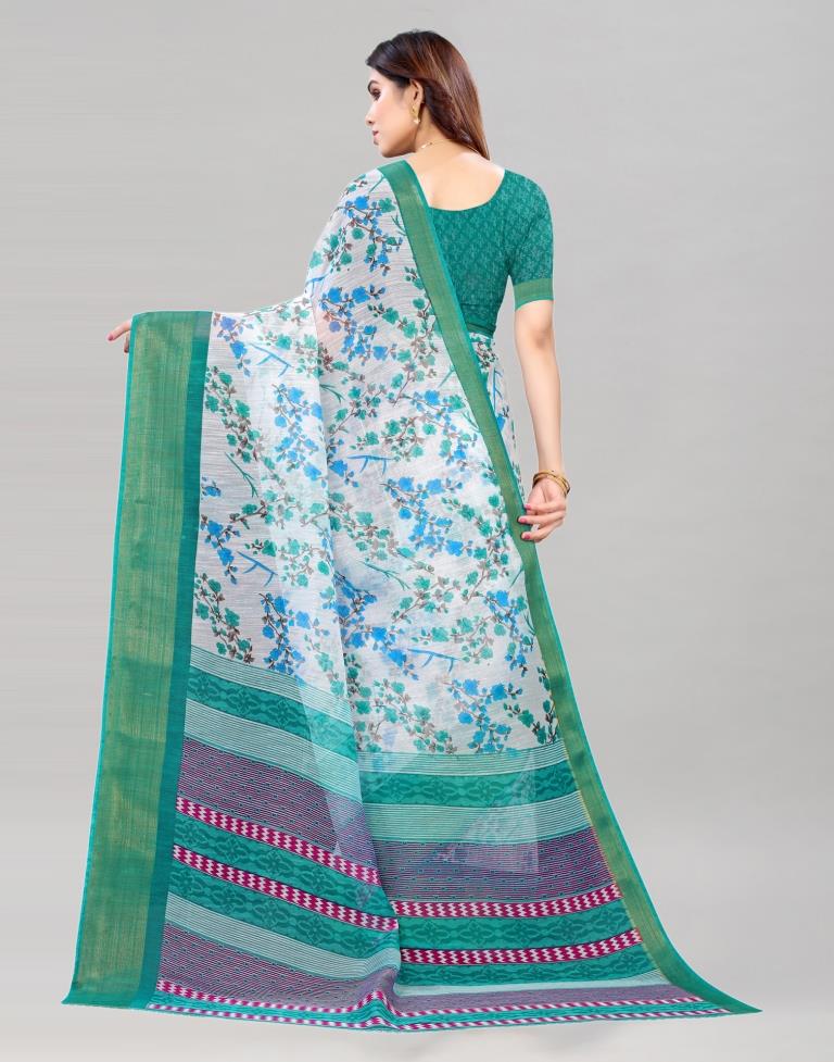 Turquoise Green Coloured Poly Cotton Printed Saree | Sudathi