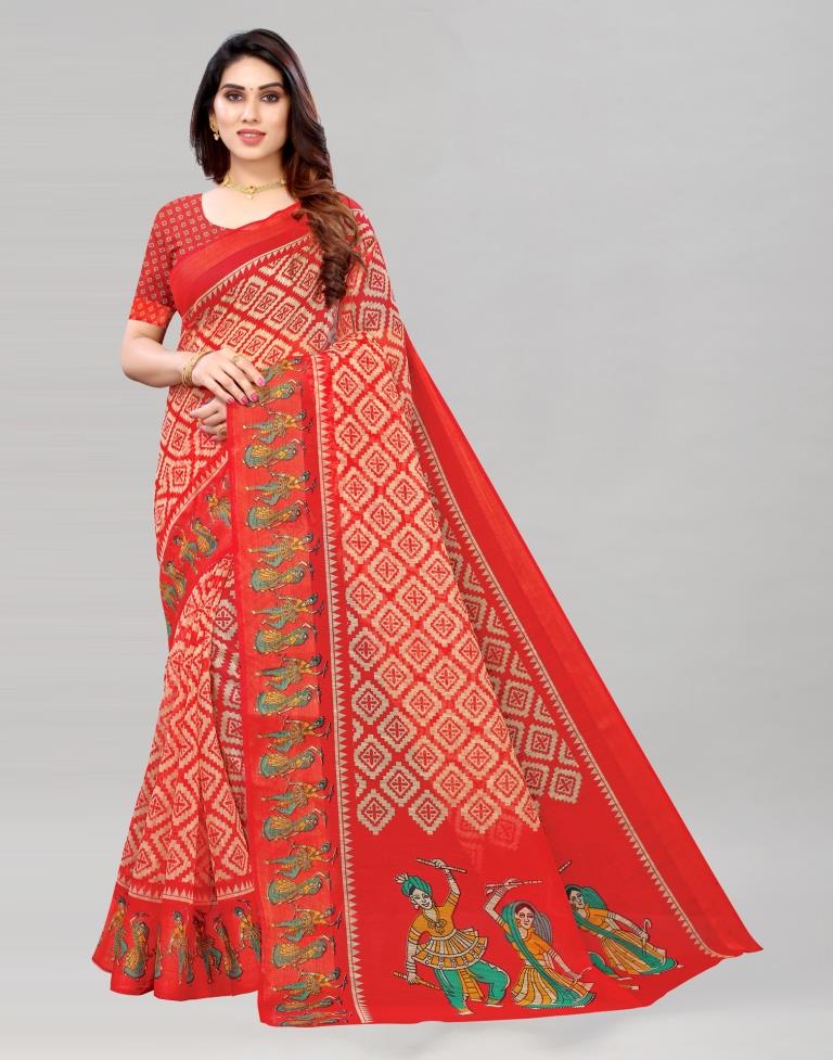 Red Coloured Poly Cotton Printed Saree | Sudathi