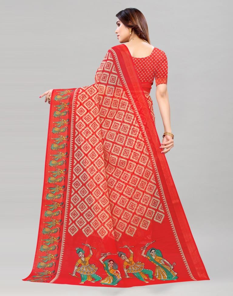 Red Coloured Poly Cotton Printed Saree | Sudathi