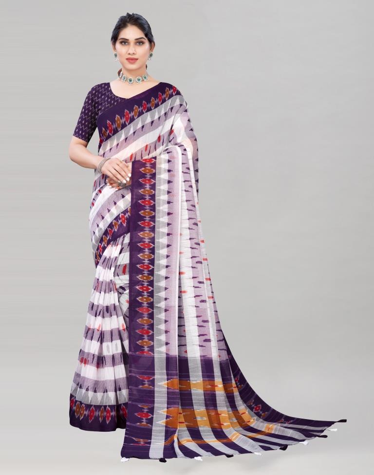 White Coloured Poly Cotton Printed Saree | Sudathi