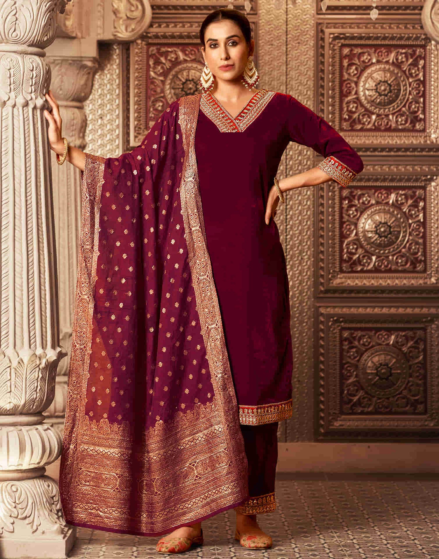 Maroon Velvet Plain Straight Kurta Set With Dupatta