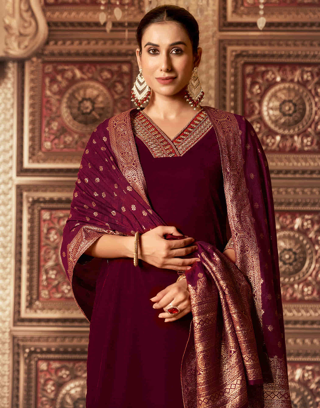 Maroon Velvet Plain Straight Kurta Set With Dupatta