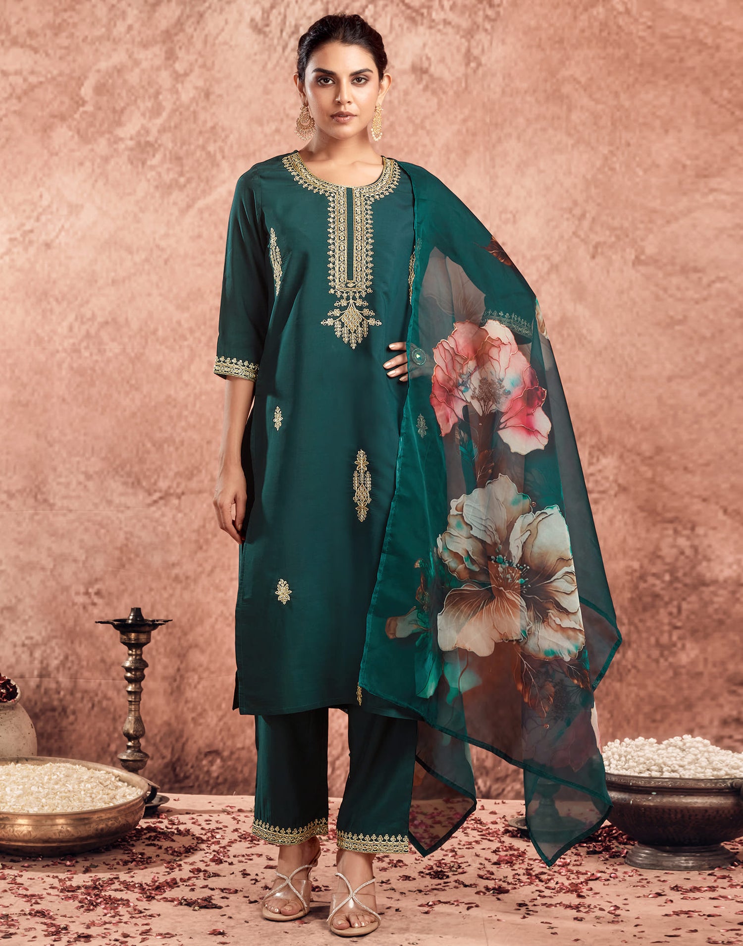 Peacock Green Silk Embroidery Straight Kurta Set  With Dupatta