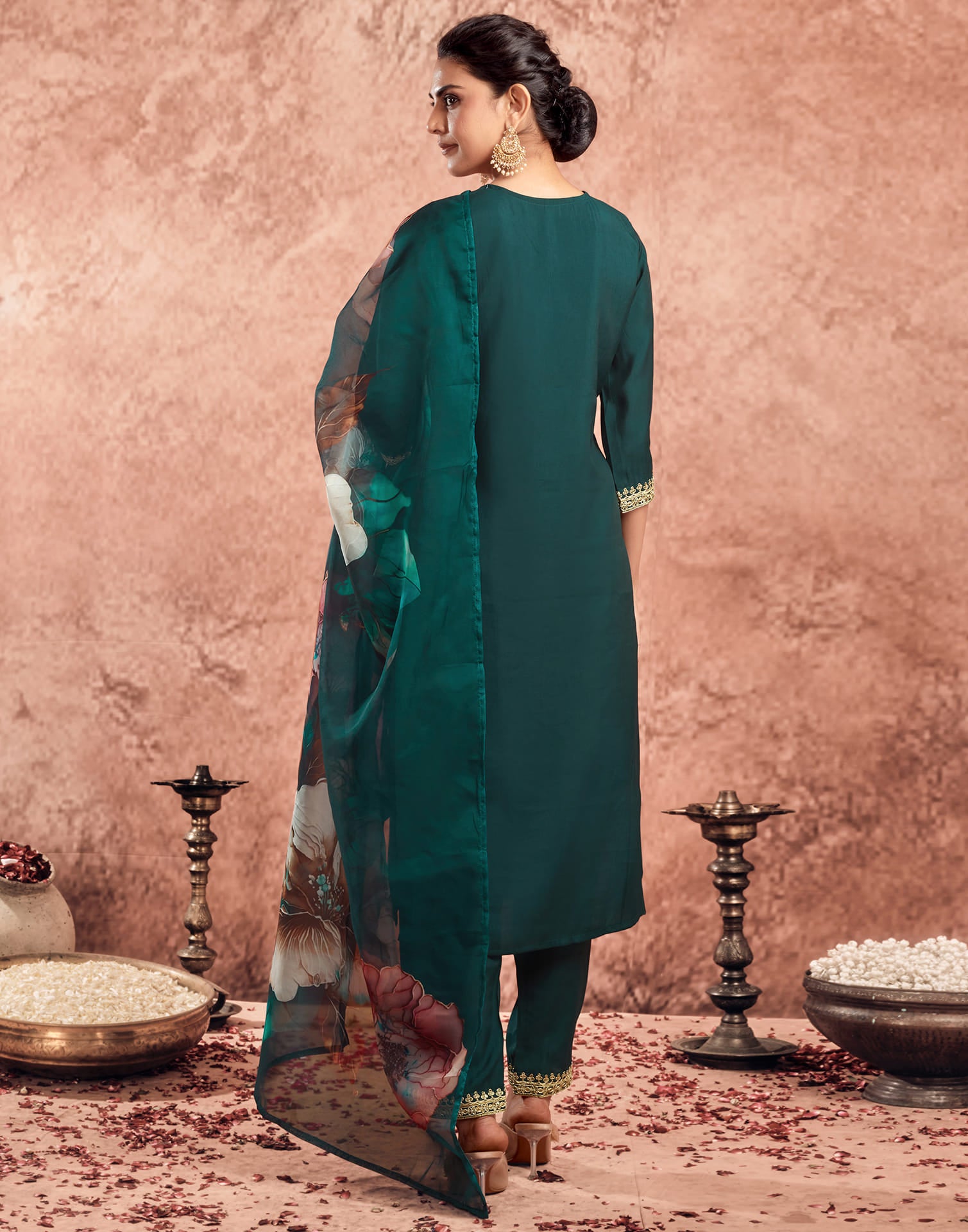 Peacock Green Silk Sequence Straight Kurta Set With Dupatta