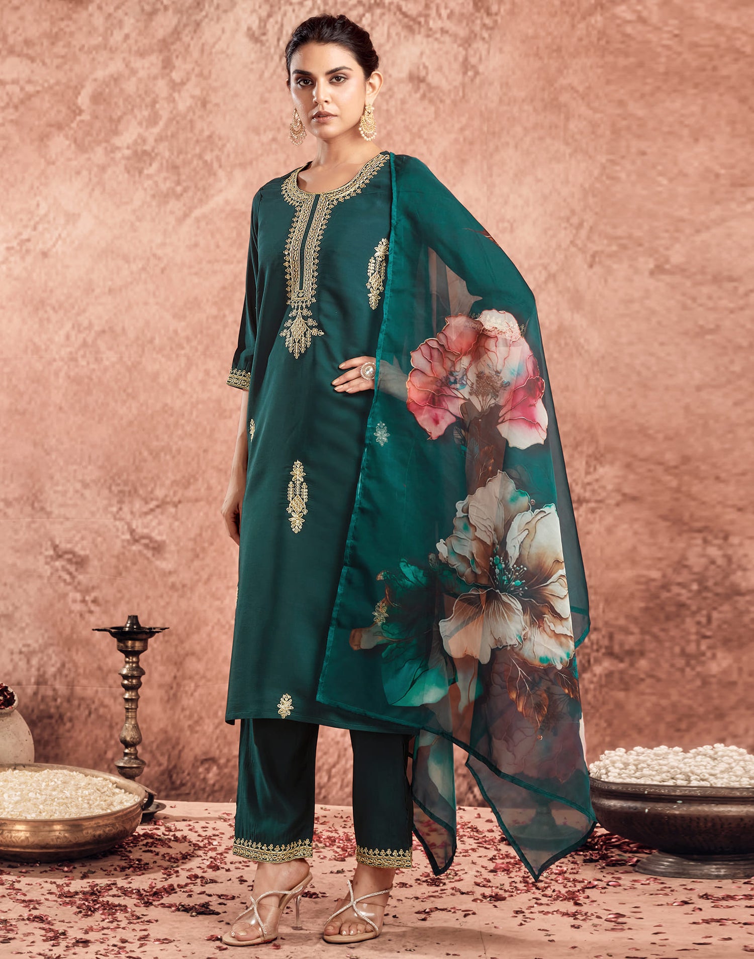 Peacock Green Silk Embroidery Straight Kurta Set  With Dupatta