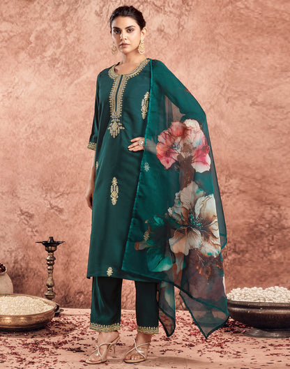 Peacock Green Silk Embroidery Straight Kurta Set  With Dupatta