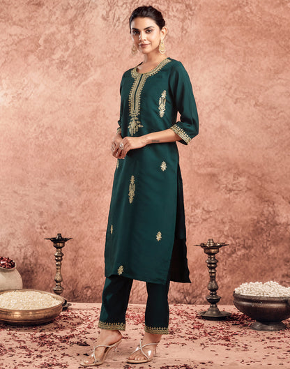 Peacock Green Silk Embroidery Straight Kurta Set  With Dupatta