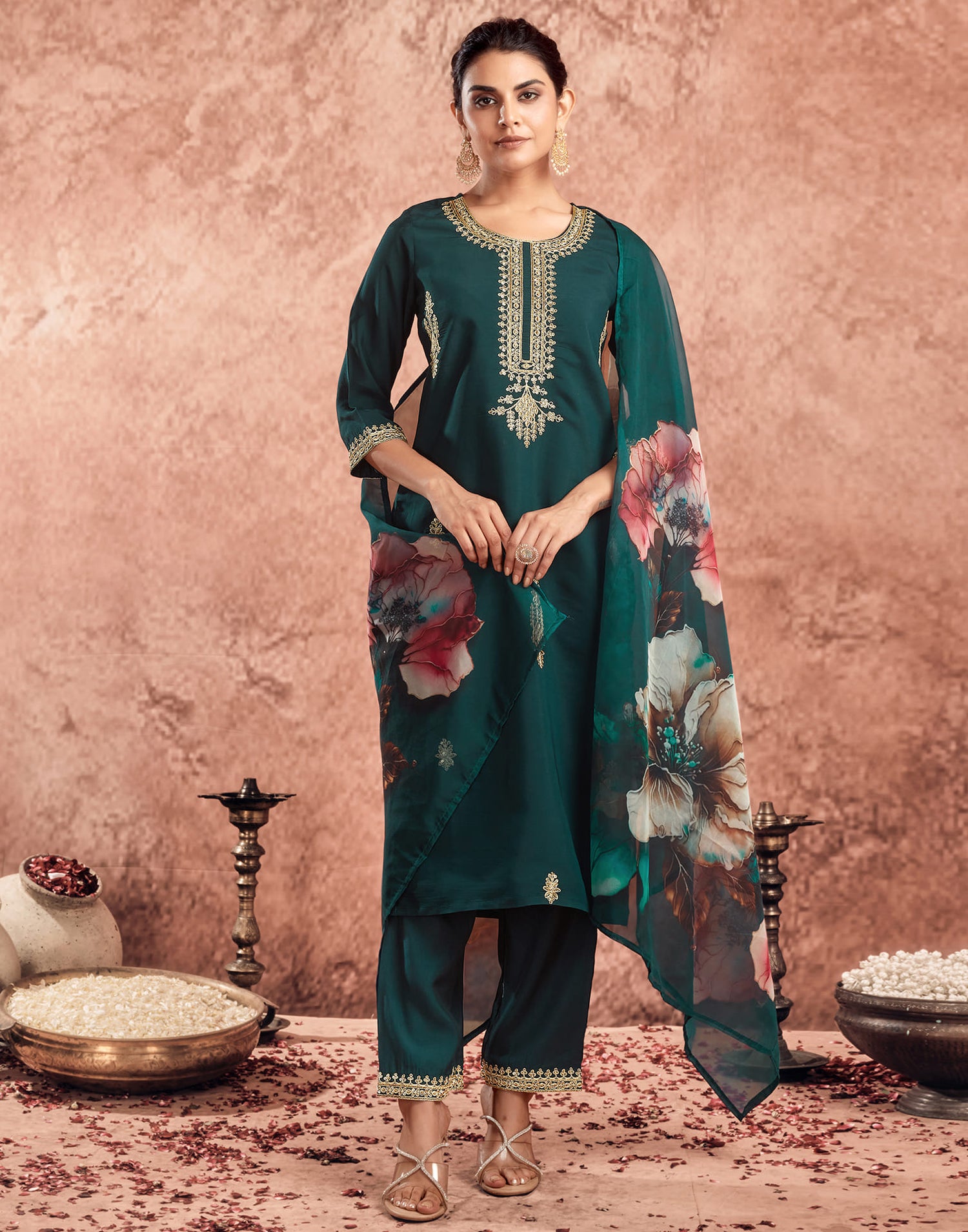 Peacock Green Silk Sequence Straight Kurta Set With Dupatta