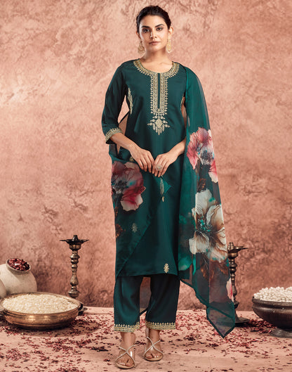 Peacock Green Silk Embroidery Straight Kurta Set  With Dupatta