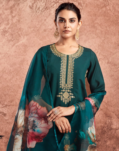 Peacock Green Silk Embroidery Straight Kurta Set  With Dupatta