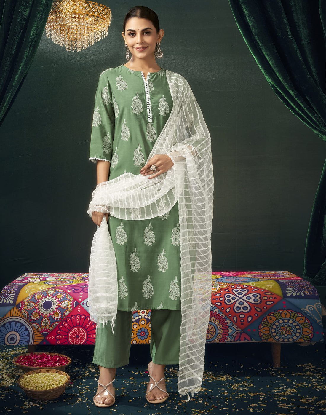 Pista Green Silk Printed Straight Kurta Set With Dupatta