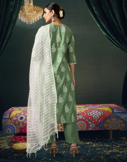 Pista Green Silk Printed Straight Kurta Set With Dupatta