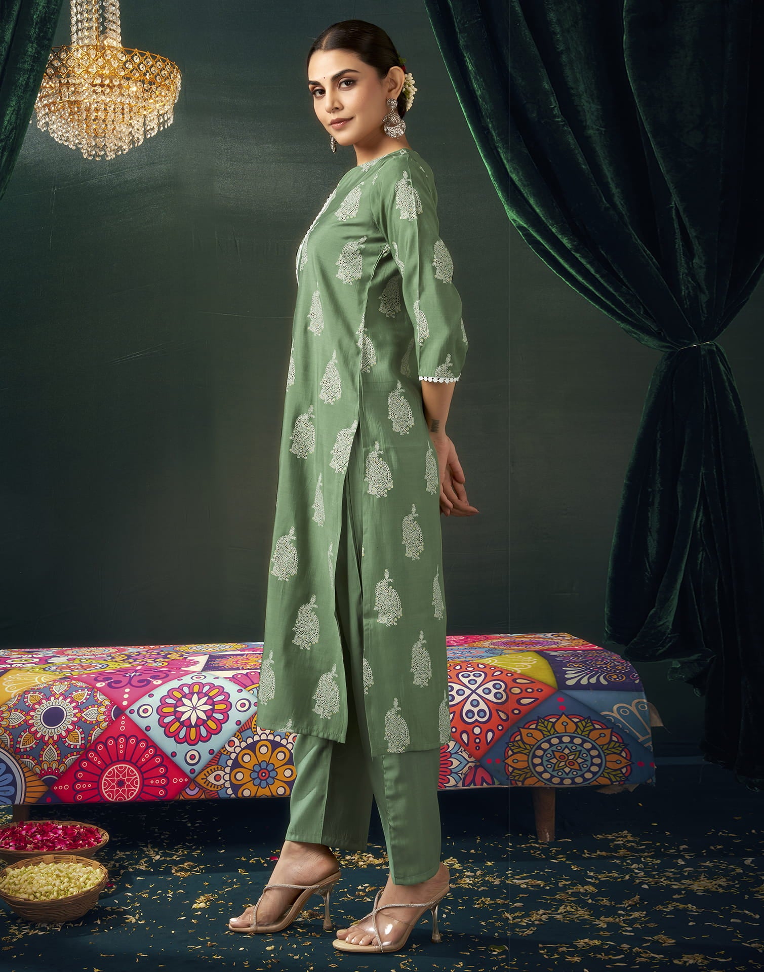 Pista Green Silk Printed Straight Kurta Set With Dupatta